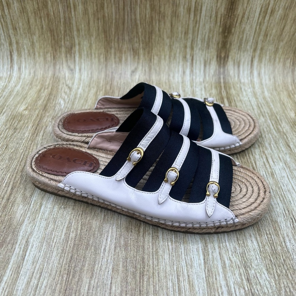 Coach Devon‎ Espadrille Sandals Women's Size 6 White Leather Buckle Striped